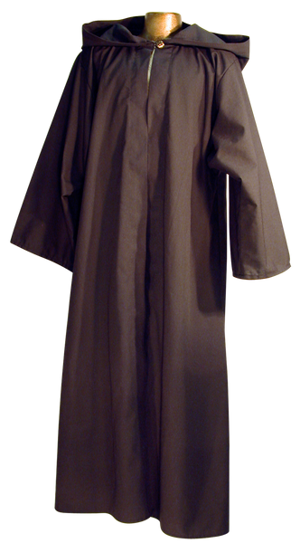 Traveler's Robe by White Pavilion, front view. This is ideal for medieval costumes, renaissance costumes, Steampunk costumes, Victorian costumes , Goth costumes, vampire costumes and general fantasy costume, especially for Nazgul or Ringwraith characters.