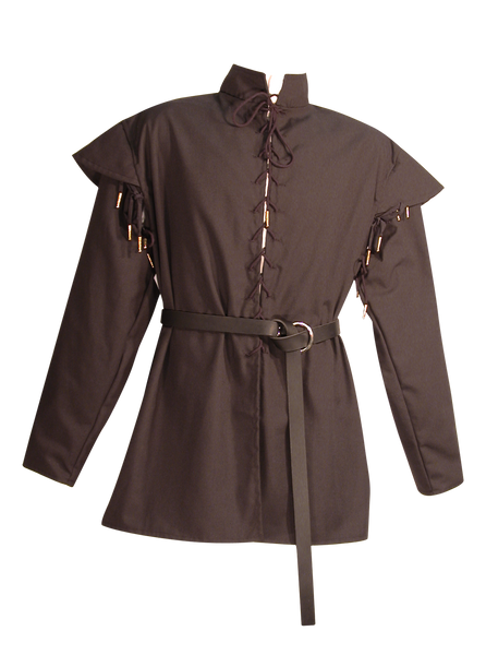 Men's Huntsman Doublet by White Pavilion, front view, w/ Swordsman Belt. Our doublet is perfect for medieval and renaissance costumes.