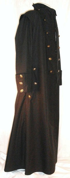 Goth Coat by White Pavilion, side view. This is perfect for Goth costume, Steampunk costume, vampire costume, fantasy and sci-fi costume.