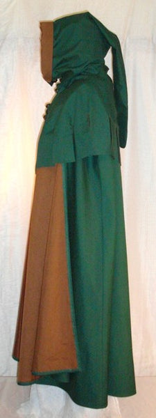 Medieval Hood w/ Medieval Cape by White Pavilion, side view. This is a perfect look for medieval, fantasy and elf costumes, and storybook heroes such as Robin Hood and Aragorn from Lord of the Rings.
