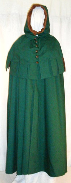 Medieval Hood w/ Medieval Cape by White Pavilion, front view. This is a perfect hood for medieval, fantasy and elf costumes, and storybook heroes such as Robin Hood and Aragorn from Lord of the Rings.