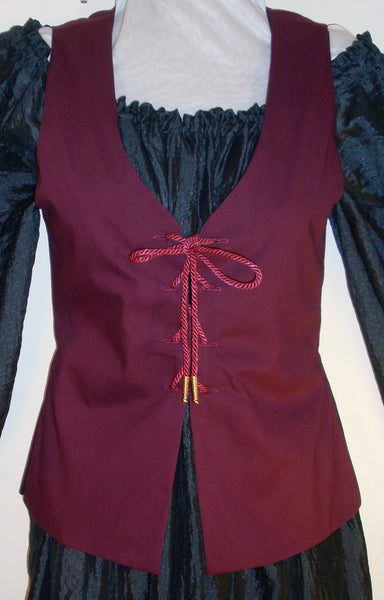 Hourglass Bodice by White Pavilion Costumes, front view. This lace-up vest is perfect for medieval and renaissance costumes, as well as 18th-century living history reenactors. It's also useful for fantasy and fairytale looks as well as Steampunk, Goth and vampire styles.