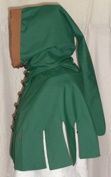 Medieval Hood by White Pavilion, side view. This is the perfect hood for medieval, fantasy and elf costumes, and storybook heroes such as Robin Hood and Aragorn from Lord of the Rings.