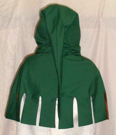 Medieval Hood by White Pavilion, back view. This is the perfect hood for medieval, fantasy and elf costumes, and storybook heroes such as Robin Hood and Aragorn from Lord of the Rings.