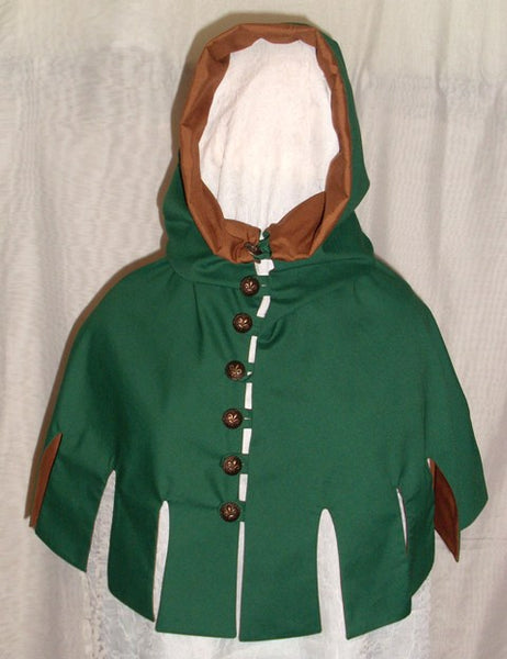 Medieval Hood by White Pavilion, front view. This is the perfect hood for medieval, fantasy and elf costumes, and storybook heroes such as Robin Hood and Aragorn from Lord of the Rings.