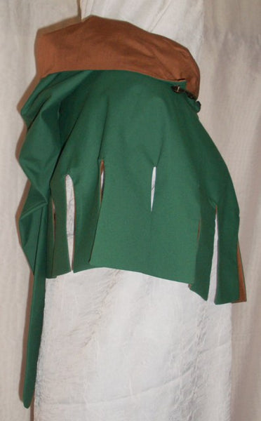 Medieval Hood by White Pavilion, side view, hood thrown back. This is the perfect hood for medieval, fantasy and elf costumes, and storybook heroes such as Robin Hood and Aragorn from Lord of the Rings.