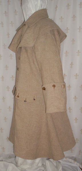 Greatcoat with mantle, linen/rayon blend, re-enactor pirate style, horn buttons, two pockets: side view
