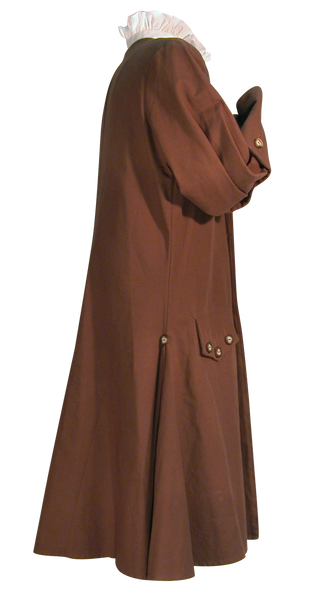 Pirate Coat by White Pavilion, side view. This coat is ideal for pirate costumes, colonial costumes, French and Indian War or Revolutionary War costumes.
