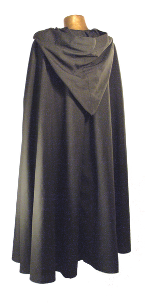 Questor Cape by White Pavilion, back view. This is ideal for medieval, renaissance, pirate, reenactor, Victorian, Steampunk, Goth and vampire costumes.