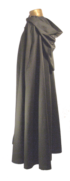 Questor Cape by White Pavilion, side view. This is ideal for medieval, renaissance, pirate, reenactor, Victorian, Steampunk, Goth and vampire costumes.