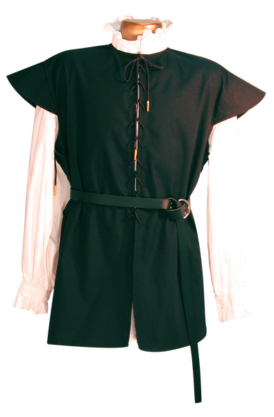 The Seadog Doublet by White Pavilion, front view w/ Swordsman Belt. Our doublet is perfect for medieval costumes, pirate costumes and renaissance costumes.