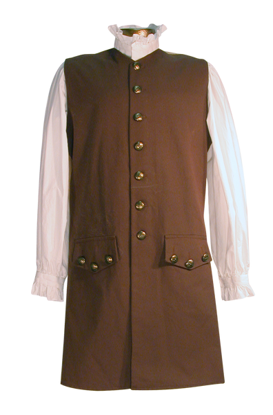 18th century waistcoat from White Pavilion, front view. This is ideal for pirates, colonials, 17th and 18th century costumes, and Revolutionary War and French and Indian War reenactors.