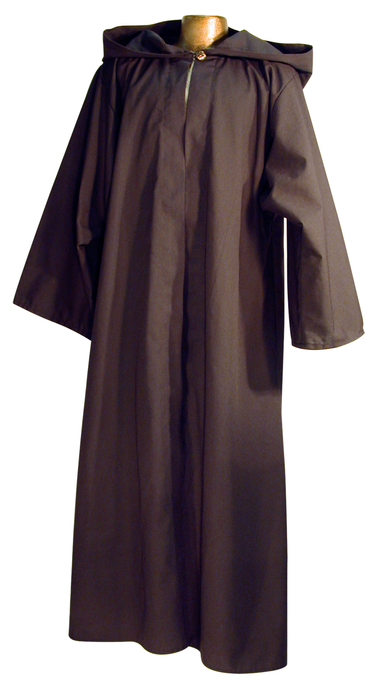 Traveler's Robe by White Pavilion, front view. This is ideal for medieval costumes, renaissance costumes, Steampunk costumes, Victorian costumes , Goth costumes, vampire costumes and general fantasy costume, especially for Nazgul or Ringwraith characters.