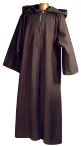 Traveler's Robe by White Pavilion, front view. This is ideal for medieval costumes, renaissance costumes, Steampunk costumes, Victorian costumes , Goth costumes, vampire costumes and general fantasy costume, especially for Nazgul or Ringwraith characters.