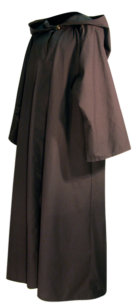 Traveler's Robe by White Pavilion, side view. This is ideal for medieval costumes, renaissance costumes, Steampunk costumes, Victorian costumes , Goth costumes, vampire costumes and general fantasy costume, especially for Nazgul or Ringwraith characters.