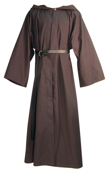 Traveler's Robe by White Pavilion, front view, with Sword Belt. This is ideal for medieval, renaissance, Steampunk, Victorian, Goth, vampire and general fantasy costume, especially for Nazgul or Ringwraith characters.