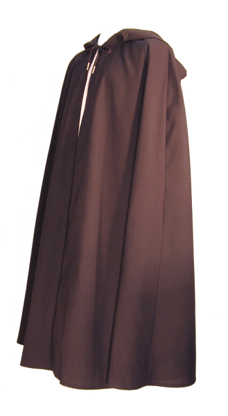 Wanderer Cape from White Pavilion Costumes, side view. Ideal for medieval costumes, renaissance costumes, fantasy costumes, fairytale costumes, pirate costumes, Robin Hood costumes, hobbit costumes and Halloween costumes.
