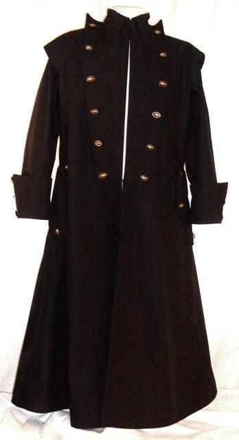 Goth Coat by White Pavilion, front view. This is perfect for Gothic costume, Steampunk costume, vampire costume, fantasy and sci-fi costume.