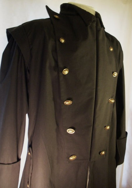 Goth Coat by White Pavilion, front view, closeup. This is perfect for Goth costume, Steampunk costume, vampire costume, fantasy and sci-fi costume.