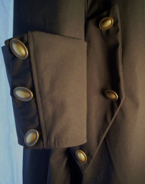 Goth Coat by White Pavilion, sleeve and pocket closeup. This is perfect for Goth costume, Steampunk costume, vampire costume, fantasy and sci-fi costume.