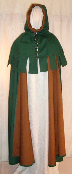 Medieval Hood w/ Medieval Cape by White Pavilion, front view. This is a perfect hood for medieval, fantasy and elf costumes, and storybook heroes such as Robin Hood and Aragorn from Lord of the Rings.