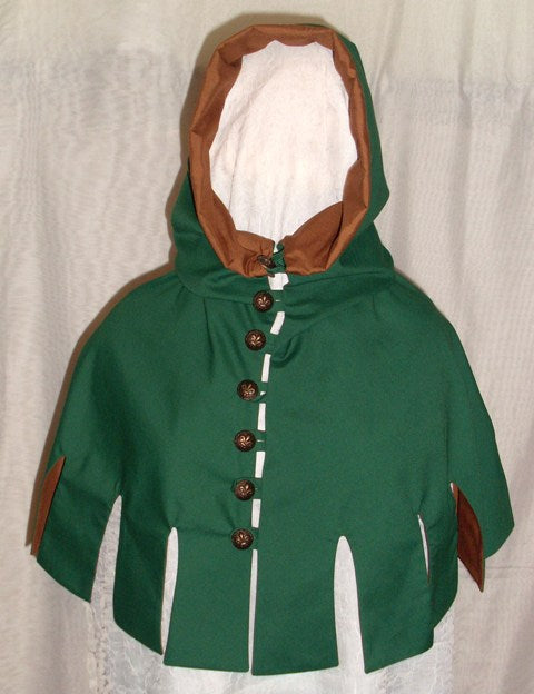 Medieval Hood by White Pavilion, front view. This is the perfect hood for medieval, fantasy and elf costumes, and storybook heroes such as Robin Hood and Aragorn from Lord of the Rings.