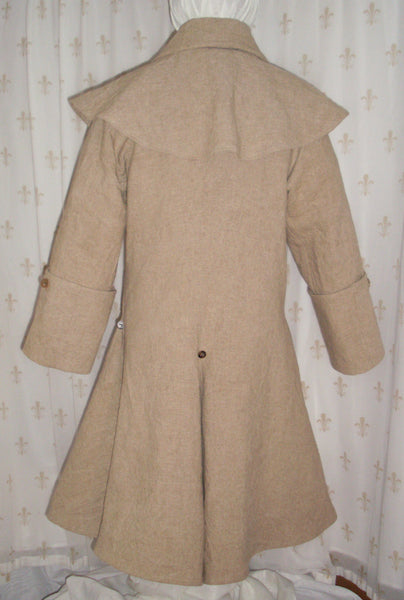 Greatcoat with mantle, linen/rayon blend, re-enactor pirate style, horn buttons, two pockets: back view