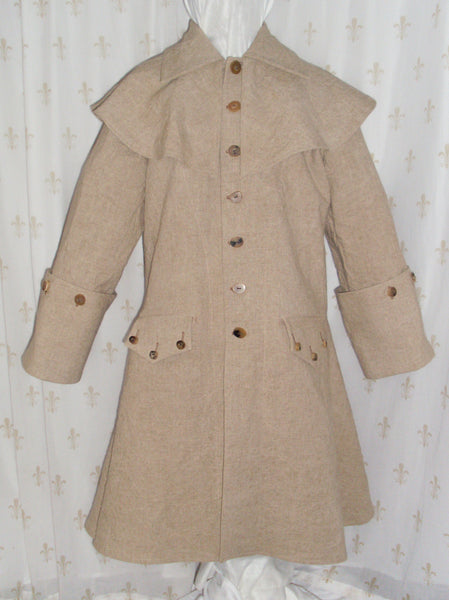 Greatcoat with mantle, linen/rayon blend, re-enactor pirate style, horn buttons, two pockets: front view