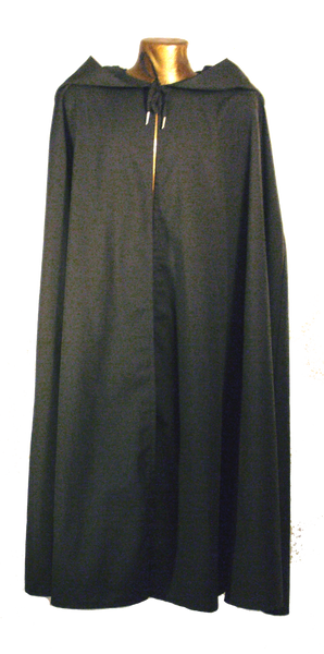 Questor Cape by White Pavilion, front view. This is ideal for medieval, renaissance, pirate, reenactor, Victorian, Steampunk, Goth and vampire costumes.