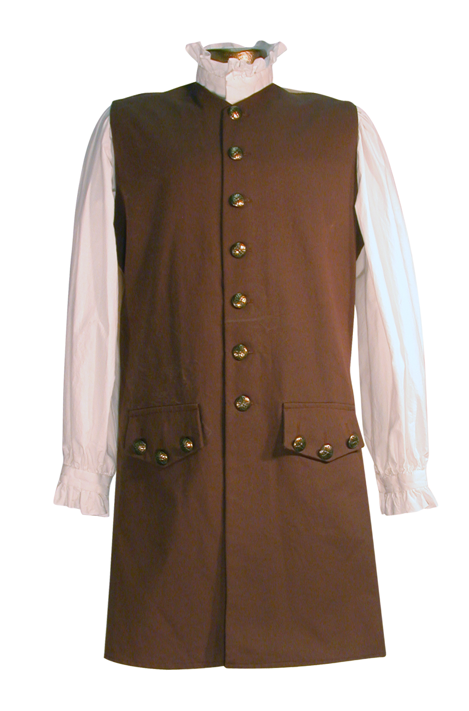 18th century waistcoat from White Pavilion, front view. This is ideal for pirates, colonials, 17th and 18th century costumes, and Revolutionary War and French and Indian War reenactors.