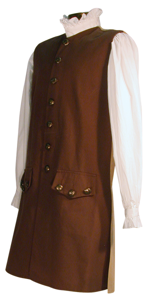 18th century waistcoat from White Pavilion, side-front view. This is ideal for pirates, colonials, 17th and 18th century costumes, and Revolutionary War and French and Indian War reenactors.